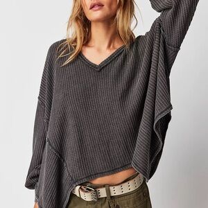 We The Free Black Waffle Knit Top Coraline Thermal BoHo cozy size M.
